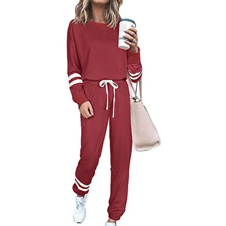 Women's loose-fitting casual suit set in solid colour with top and pants, available in plus sizes