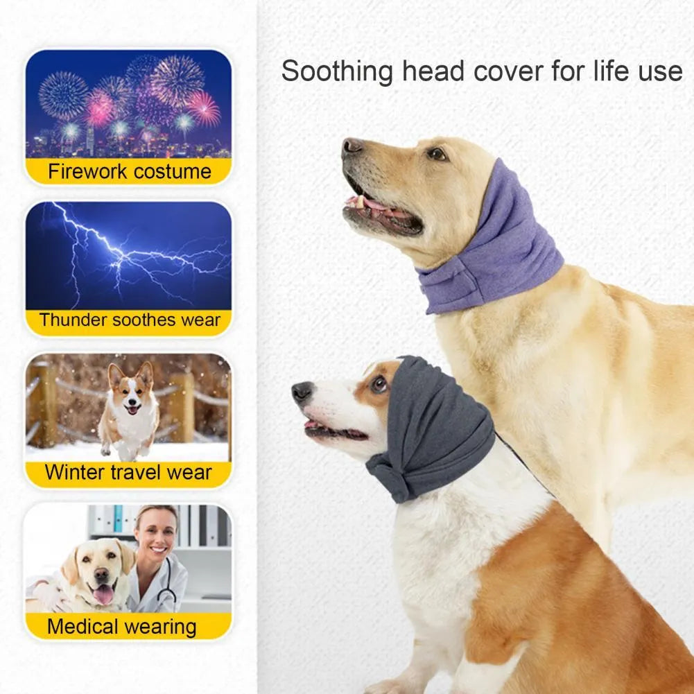 Dog wearing purple calming hoodie with ear muffs covering head and neck