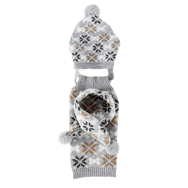 Japanese-style grey acrylic pet sweater set with matching hat and scarf on a dog model.
