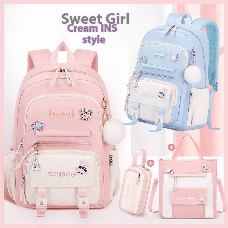 Girls waterproof school backpack in multiple colours with curved shoulder straps and spine protection