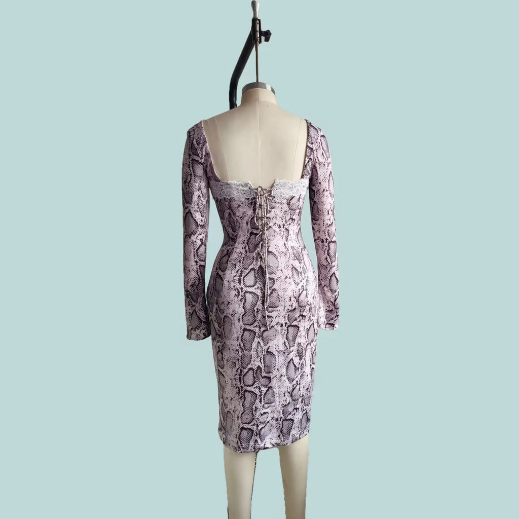 Grey digital printed lace dress with 3D pattern, A-line skirt, and long sleeves in slim fit