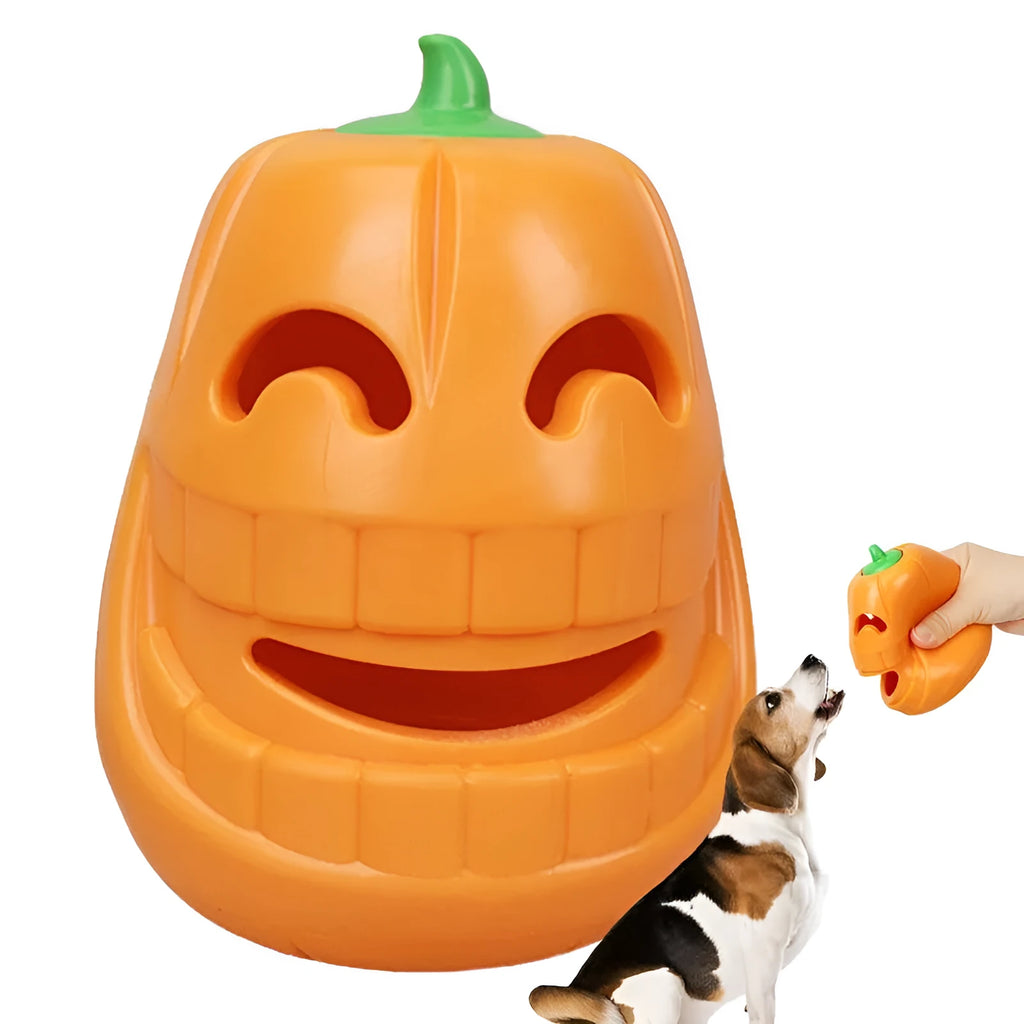 Yellow pumpkin-shaped TPR dog chew toy for aggressive chewers measuring 8.6x11.5 cm