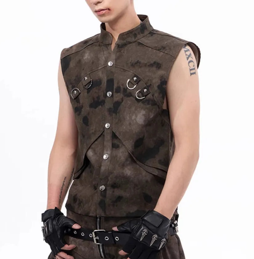 American retro camouflage denim vest and pants set with semi-high collar