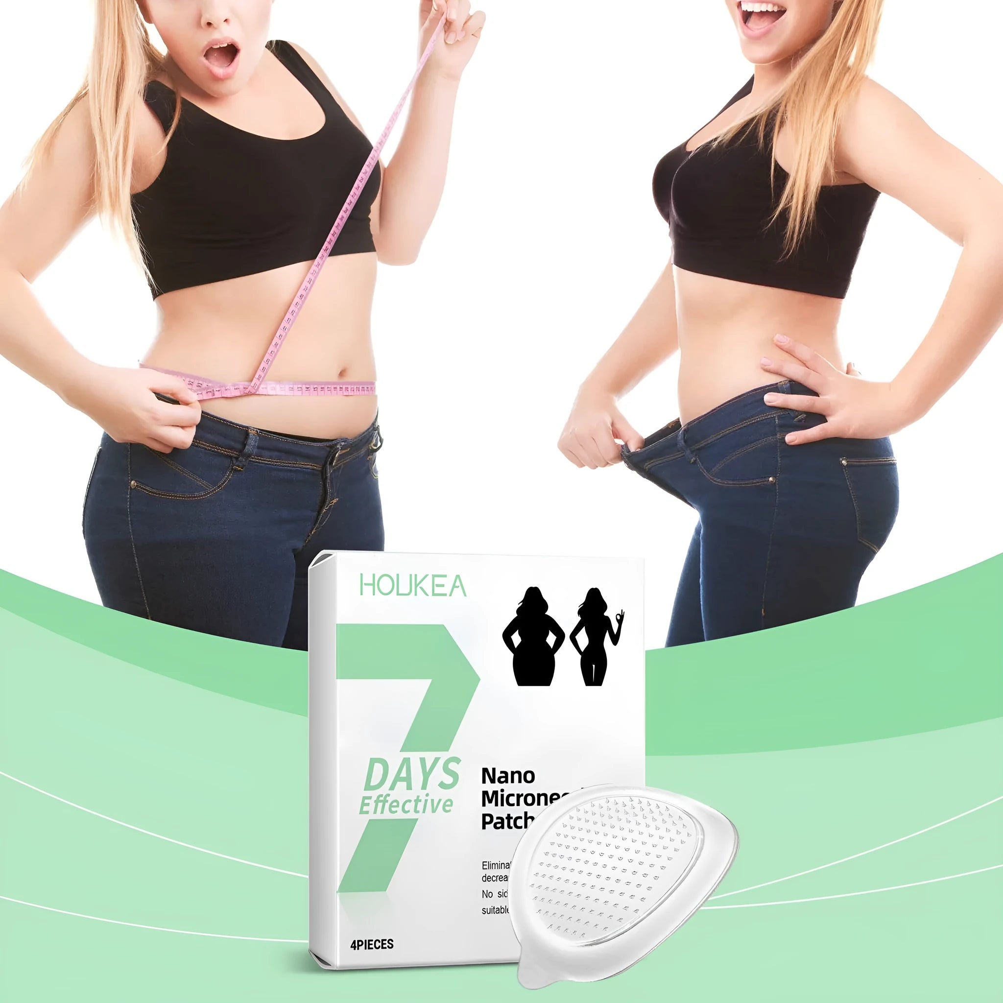 Pack of four slimming nano microneedle patches on a PE sticker backing.