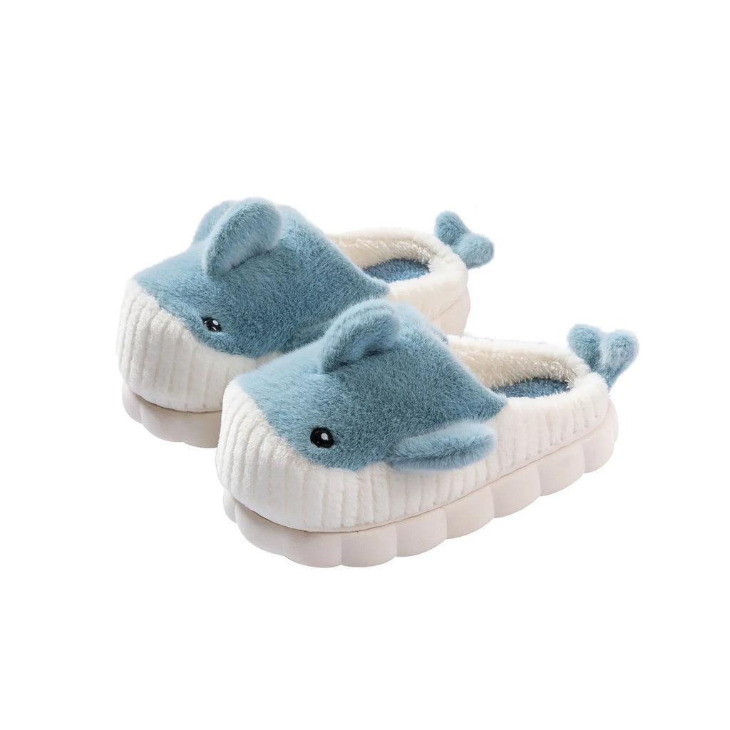 Women's shark slippers with fluffy upper and thick sole, available in black, sky blue, and brown.