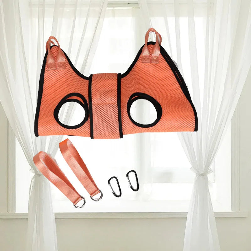 Cat grooming restraint bag with four adjustable openings hanging as a hammock