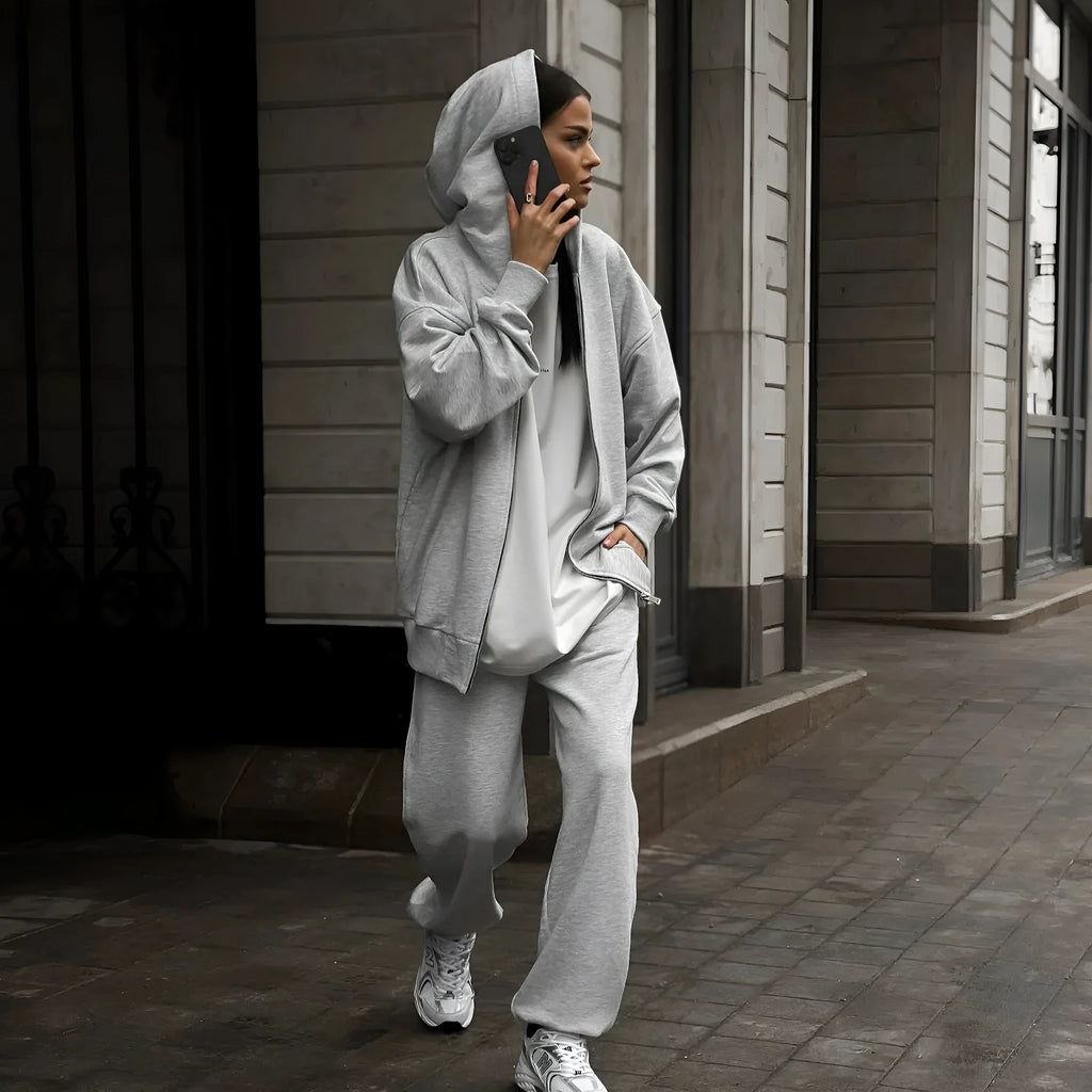 Red loose-fit long sleeve coat and trousers street style two-piece set on a hanger