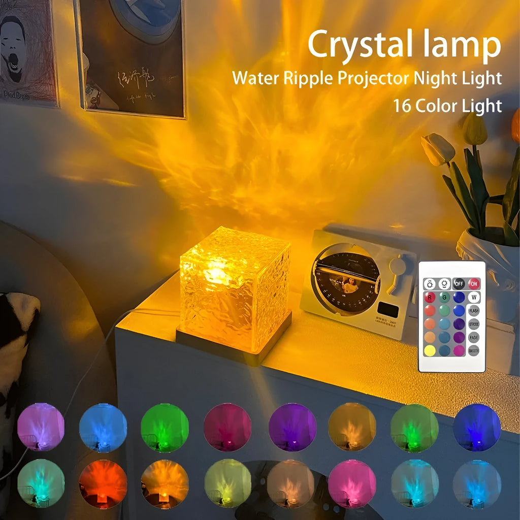 USB rechargeable LED water ripple night light with remote control on a table.