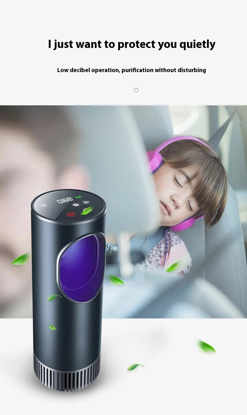 Black smart car air purifier for formaldehyde removal and ion generation, with USB cable.