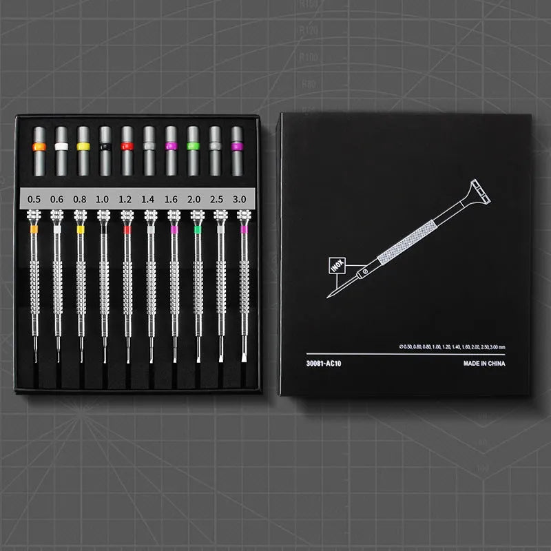 10-piece manual screwdriver set for watch and glasses repair with spare drill bits.