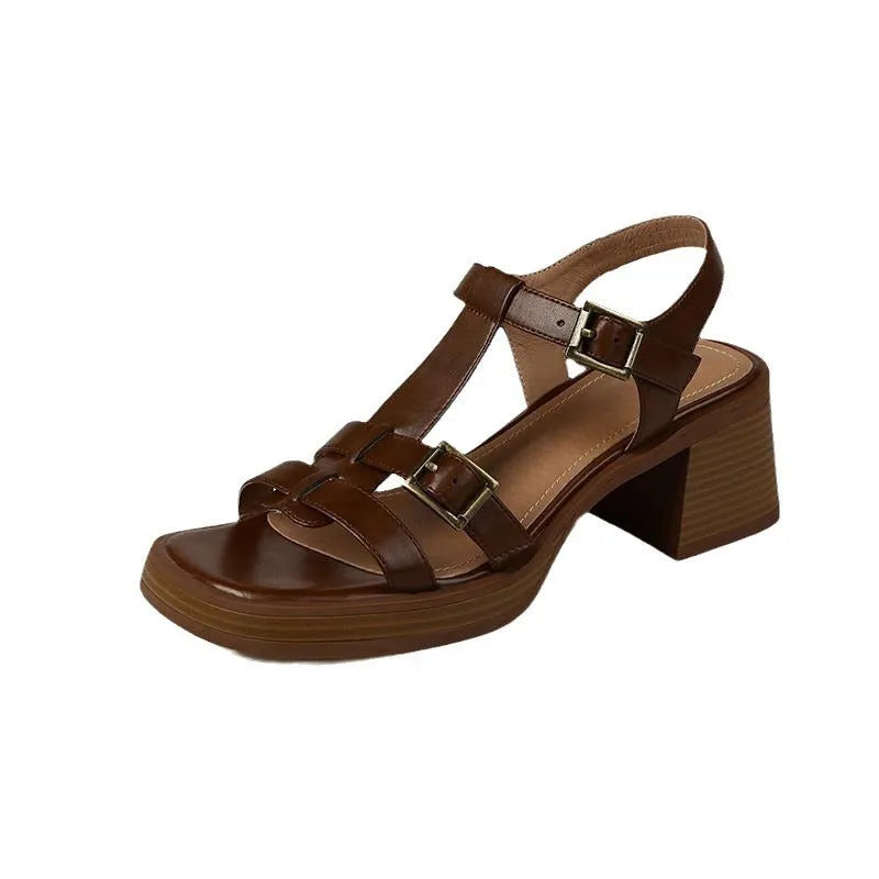 Women's black platform heel sandals with T-buckle ankle strap and open square toe design