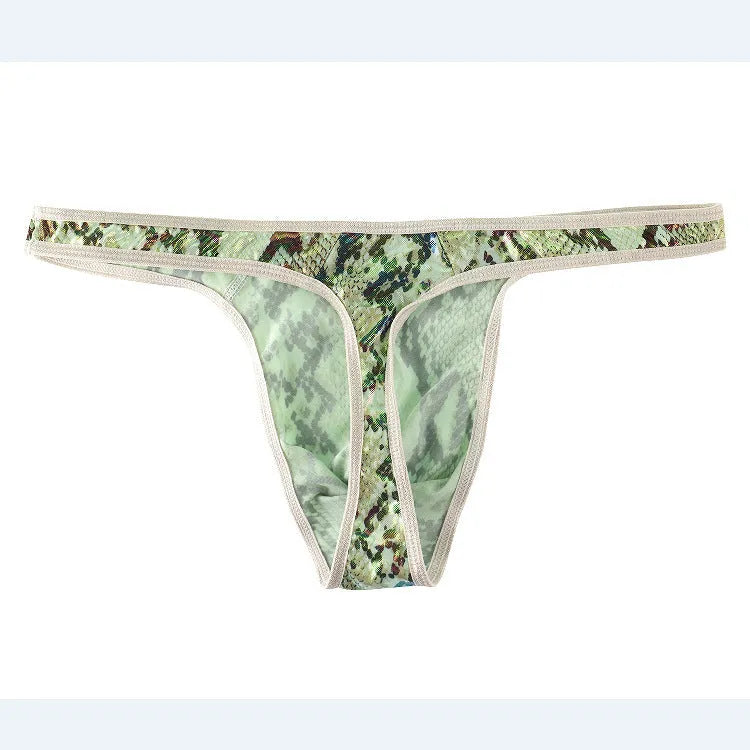 Men's camouflage snake print thong underwear in green with low-rise waistband