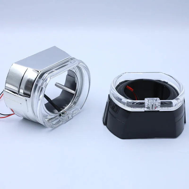 Black and silver polymer angel eye car headlight cover with multi-colour LED options