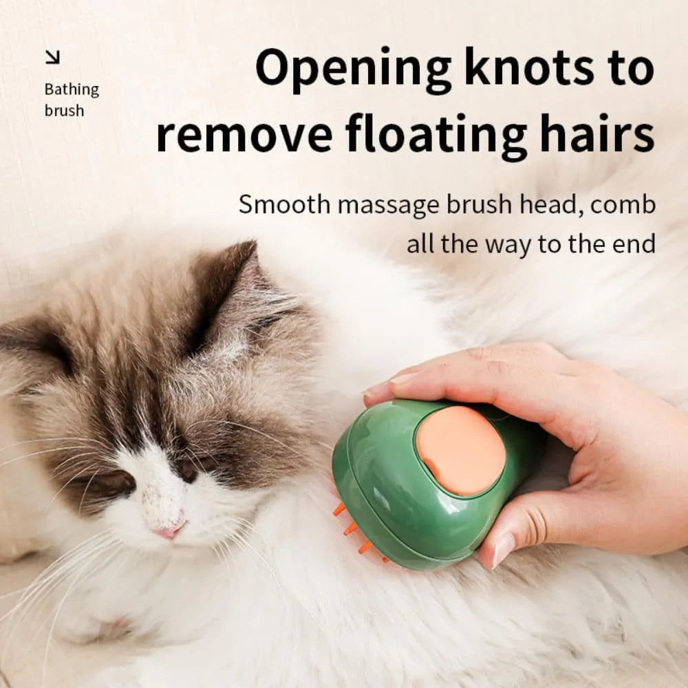 Green and white cat steam brush with water spray function, measuring 11cm by 7.5cm by 5.5cm