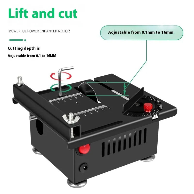 Lithium ion micro desktop saw with metal body and angle attachments for cordless cutting