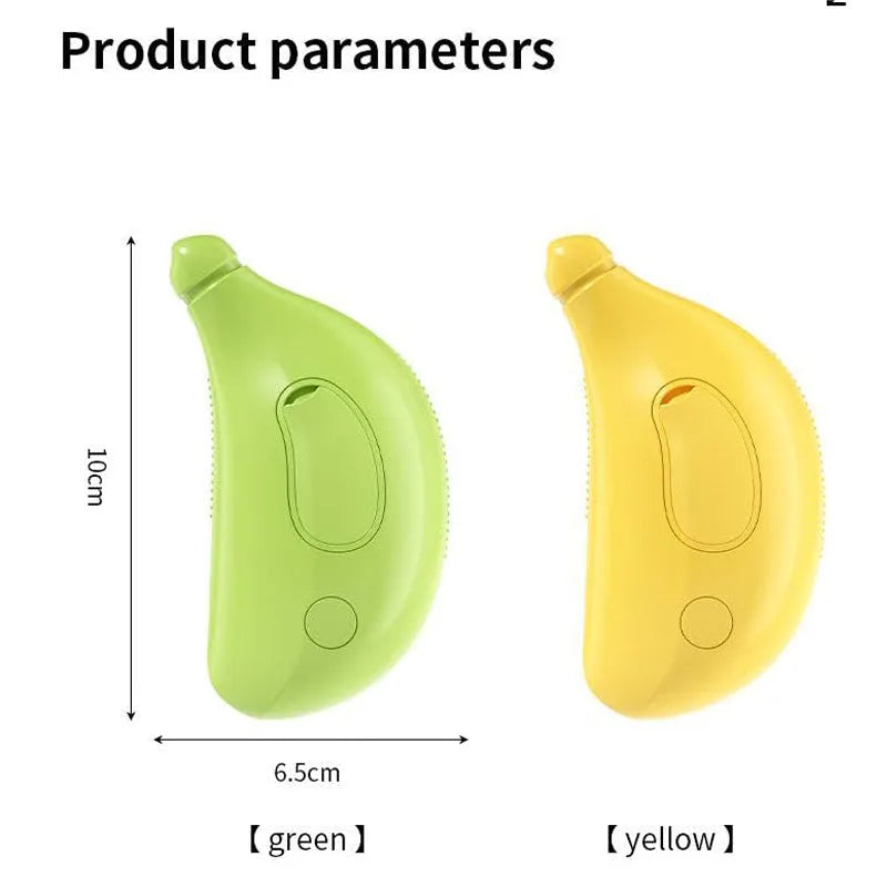 Cat Steam Brush 3-in-1 in green or yellow, showing round teeth and cat paw-shaped ends for grooming