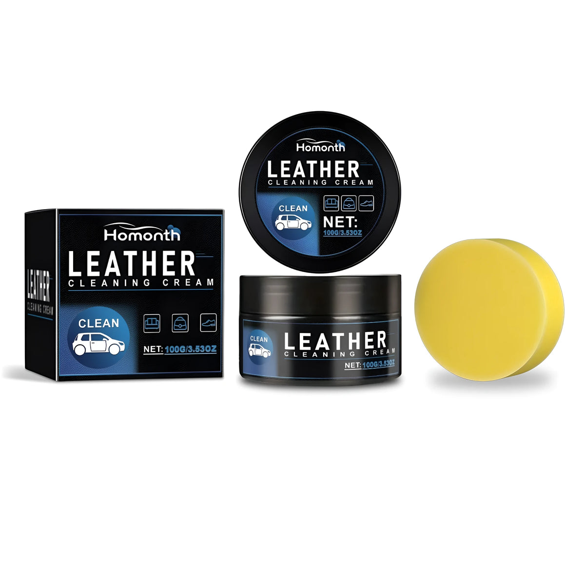 Car leather care cream 100g bottle 7.1x4.4cm with 6.5x2x6.5cm sponge applicator for automotive interior leather