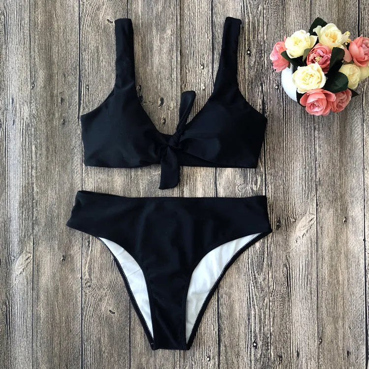 European and American bikini set in pure colours, showing tight fit and sleeveless design with bra and panties