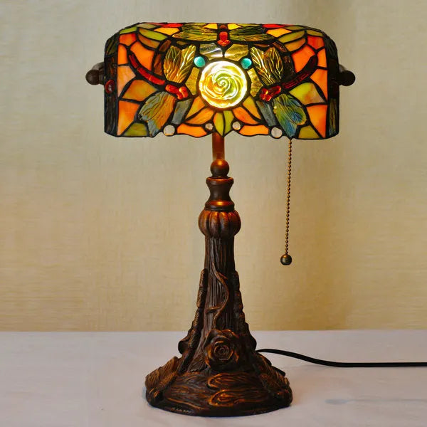 10-inch Tiffany stained glass table lamp with coloured panels, 36cm tall and 25cm wide, featuring E27 holder and resin base