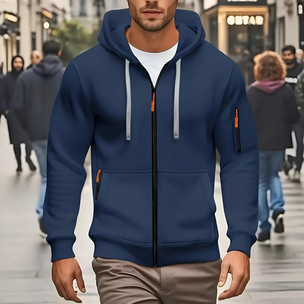 Men's zip-up hooded cardigan coat in Army Green colour with a wool lining, shown on a hanger.