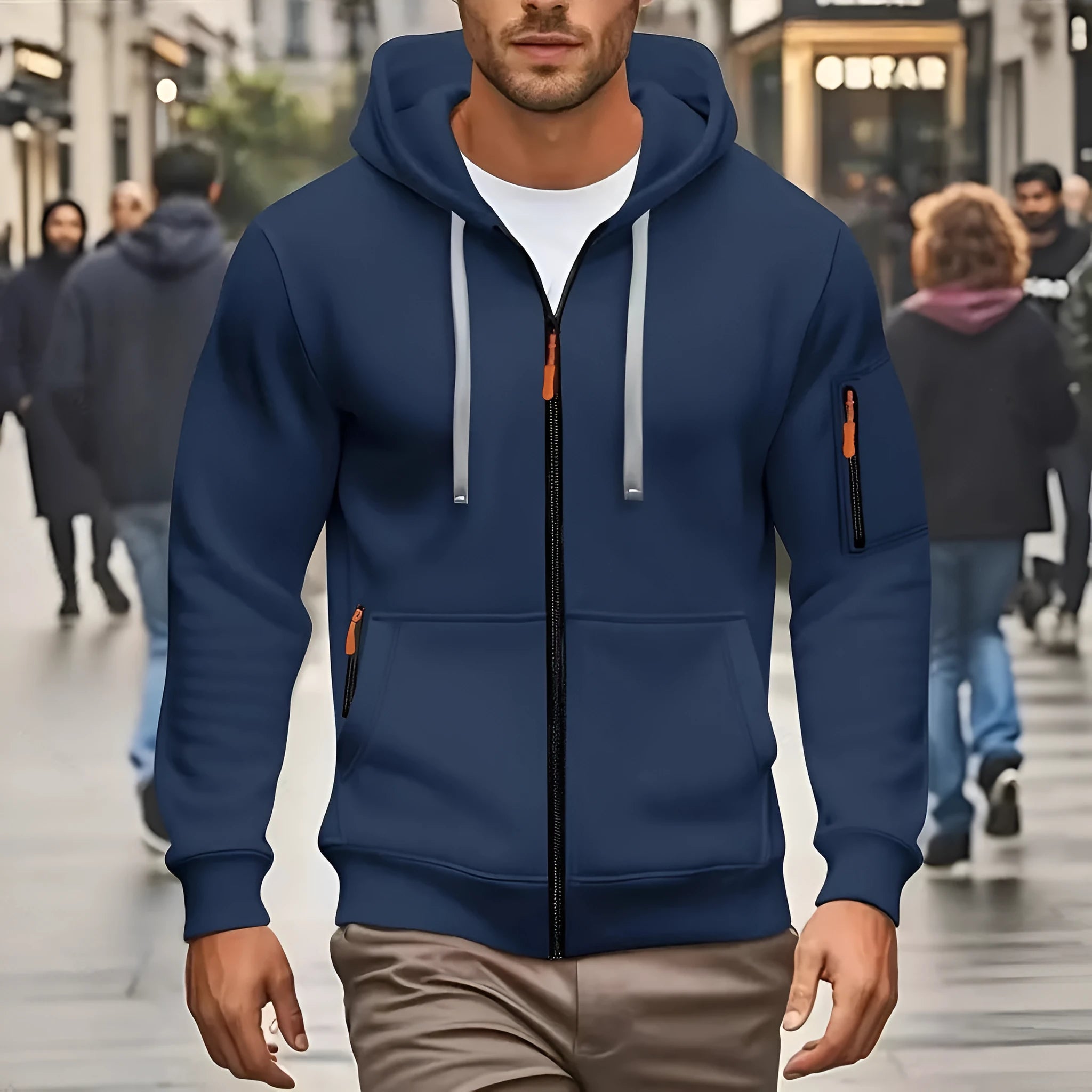 Men's zip-up hooded cardigan coat in Army Green colour with a wool lining, shown on a hanger.