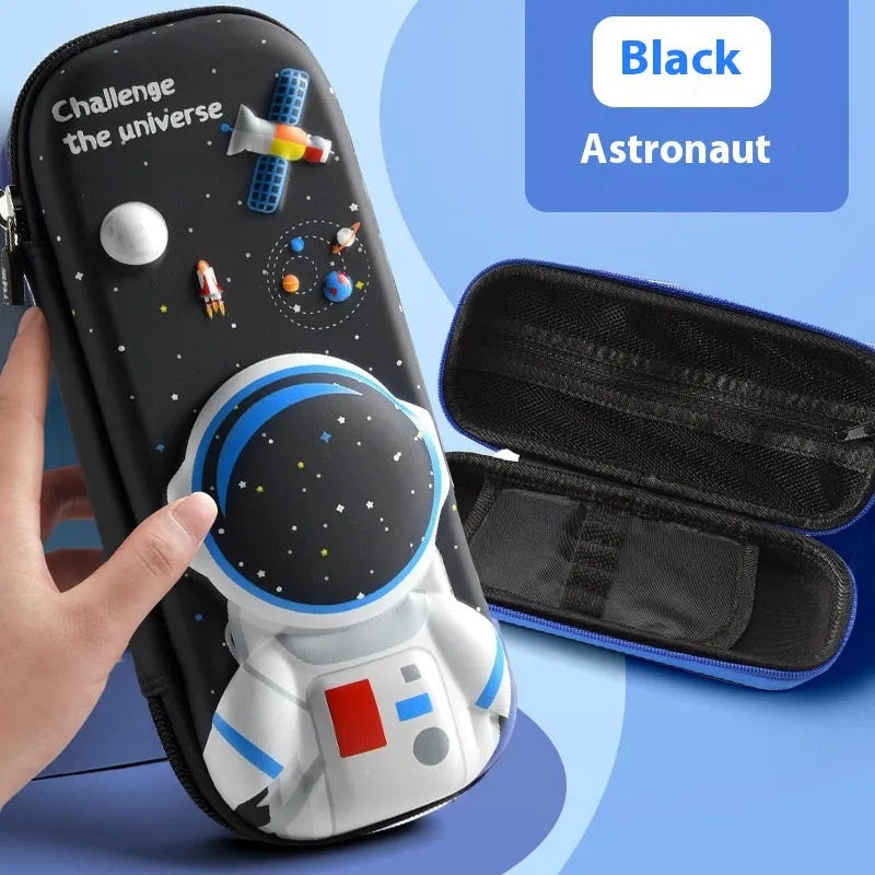 3D leather pencil case with zipper closure showing decorative space theme design