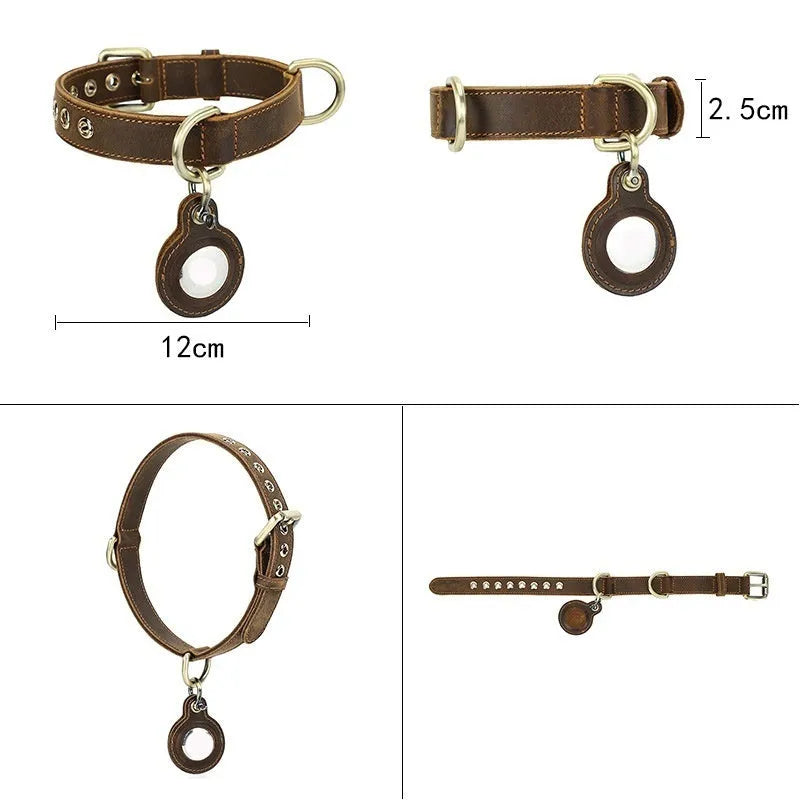 Brown handmade genuine cowhide leather dog collar with lanyard, shown in retro style.