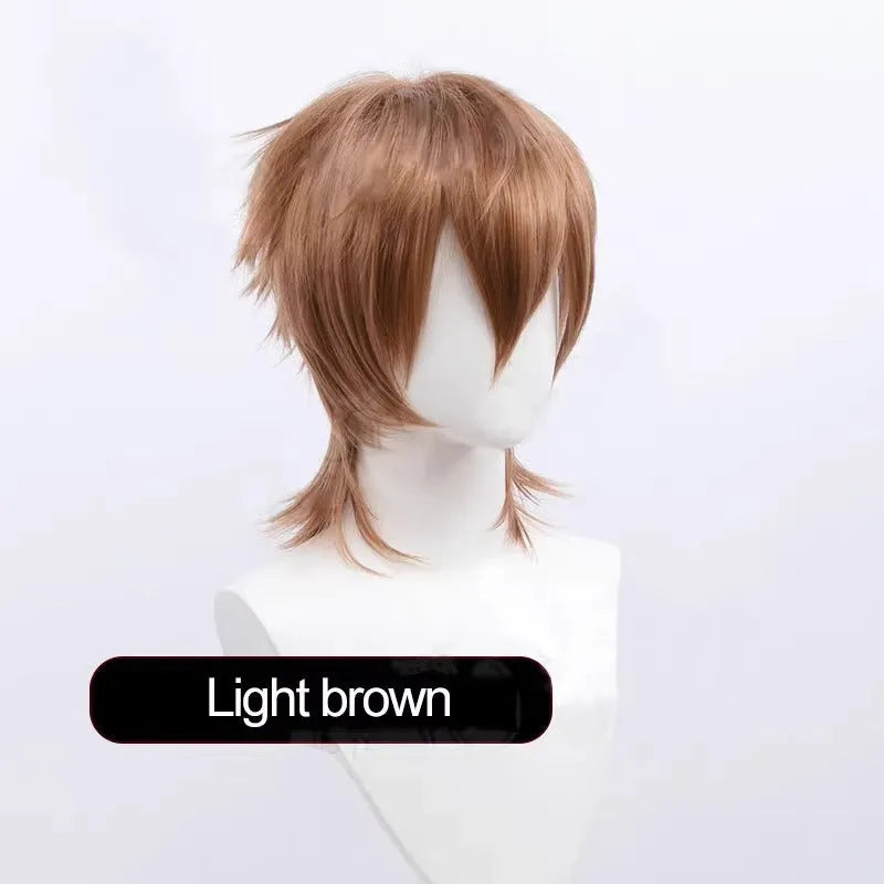 Short black anime-style cosplay wig for men on a stand