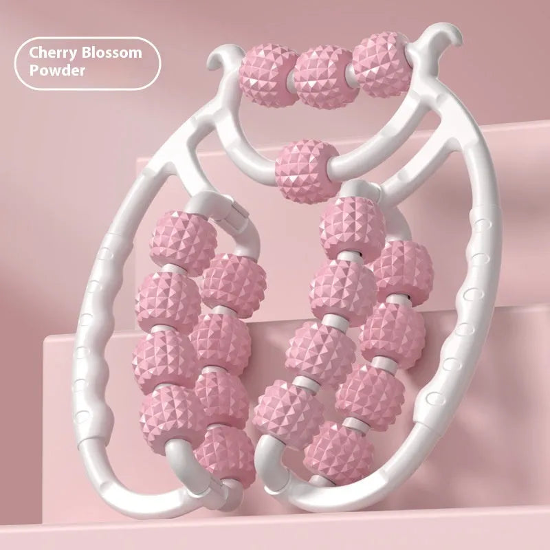 Handheld ring clip leg massage roller in choice of colours with double-row wheels.