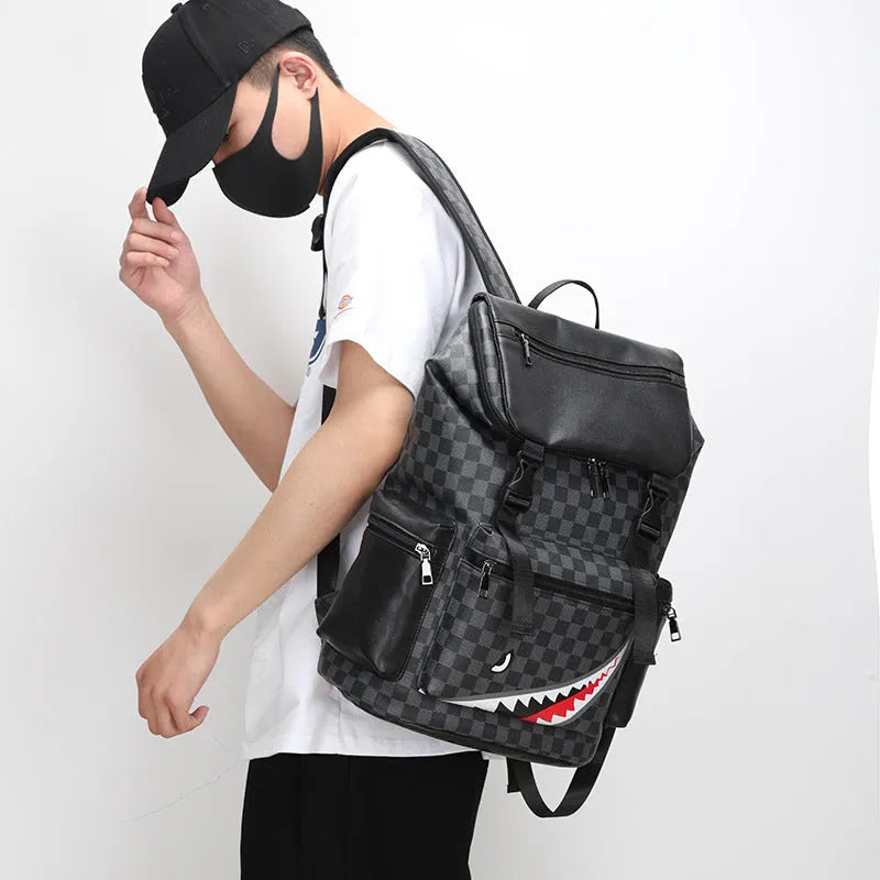 Korean casual checkered printed large backpack with curved straps in black colour variant.