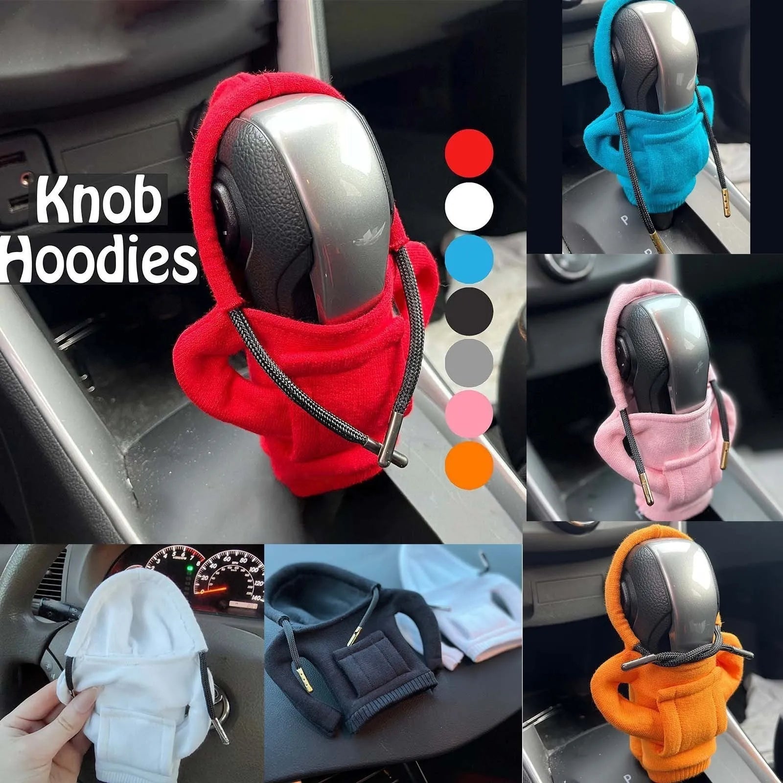 Hand-knitted red pure cotton gear lever sweater decoration on a car gear stick.