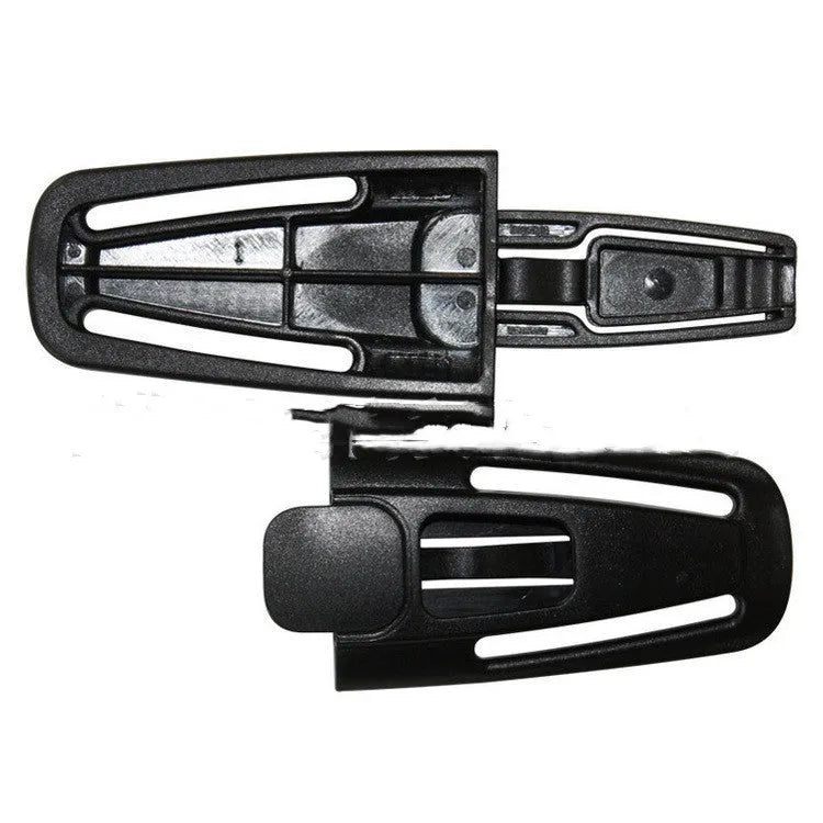 Black seat belt clip measuring 14.5cm by 4cm made from Nylon PA66 for securing vehicle seat belts