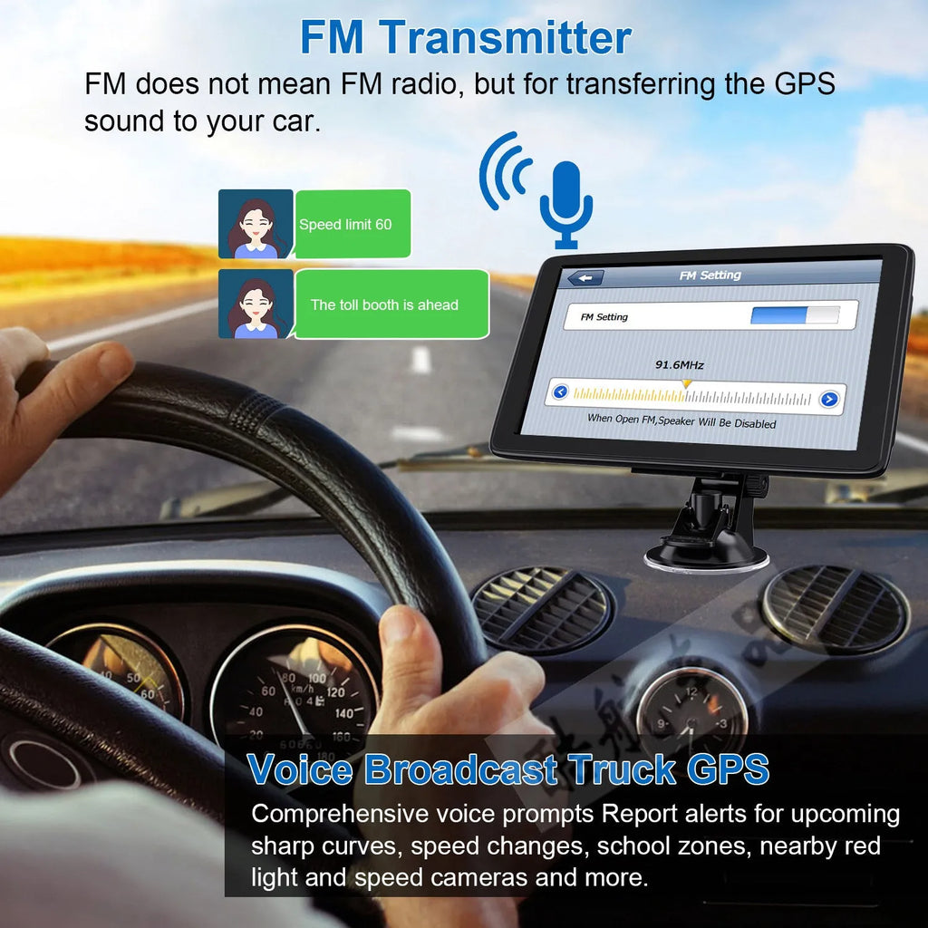 Car GPS navigation device with 7-inch HD screen on dashboard, showing map of Europe