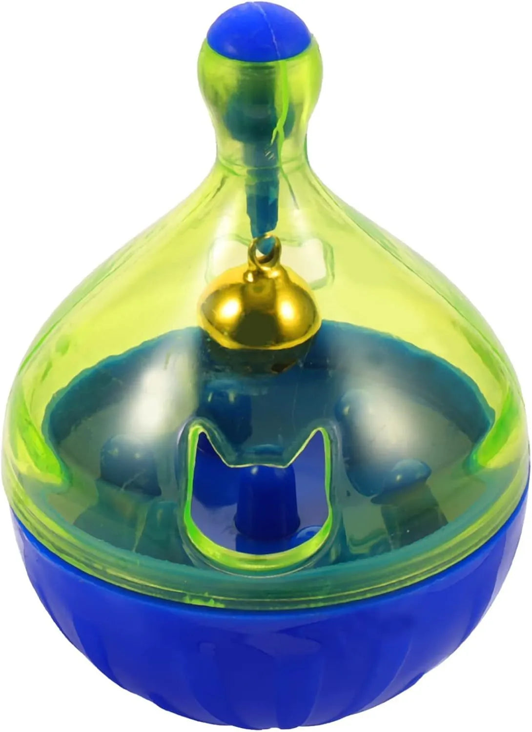 Tumbler-shaped pet treat dispenser ball for dogs and cats measuring 14x10x10cm