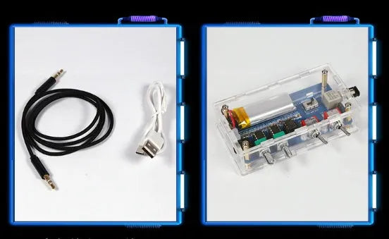 Music Tesla coil driver board chassis with connections for power, audio, and controller, showing dimensions 100x115x205mm.