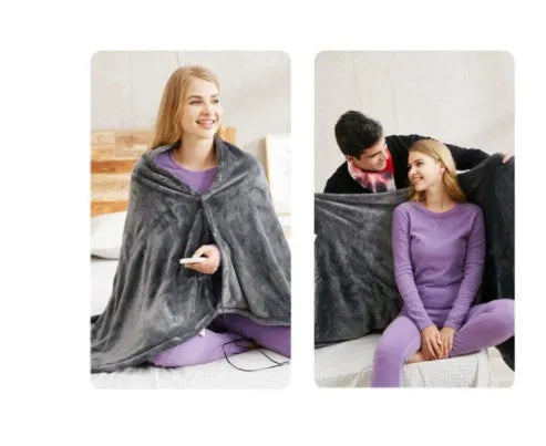 Dark grey USB electric heated plush blanket with round button zipper, shown folded.