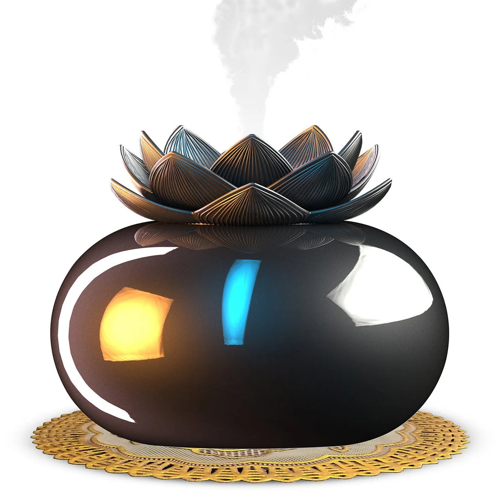 Black round ultrasonic humidifier with USB cable, ceramic aromatherapy component, and mechanical control dial