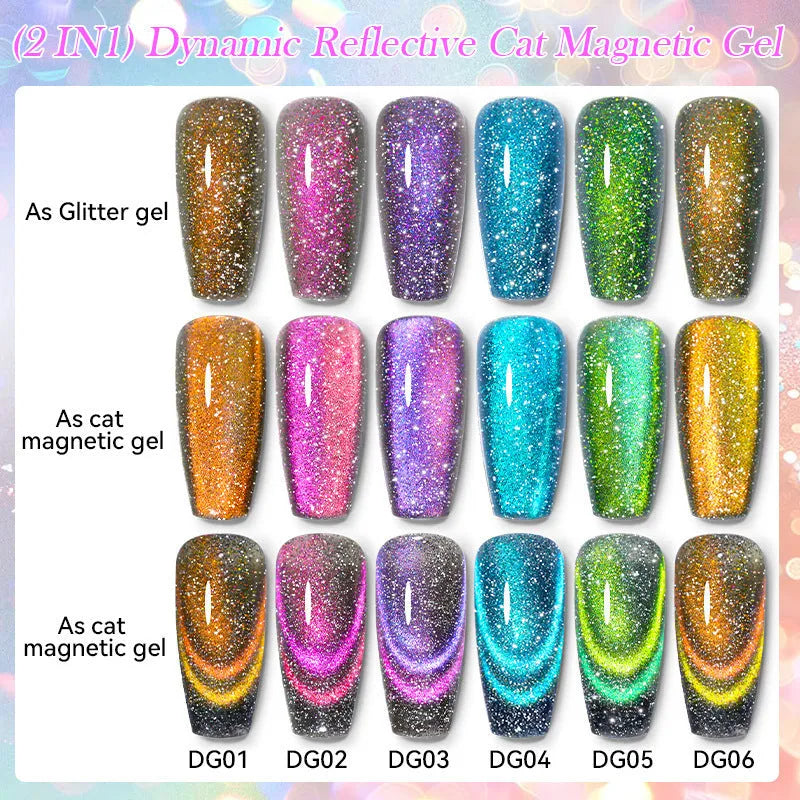 Diamond In The Debris Cat Eye Series nail polish gel bottles showing magnetic cat eye effect with glitter and fragments