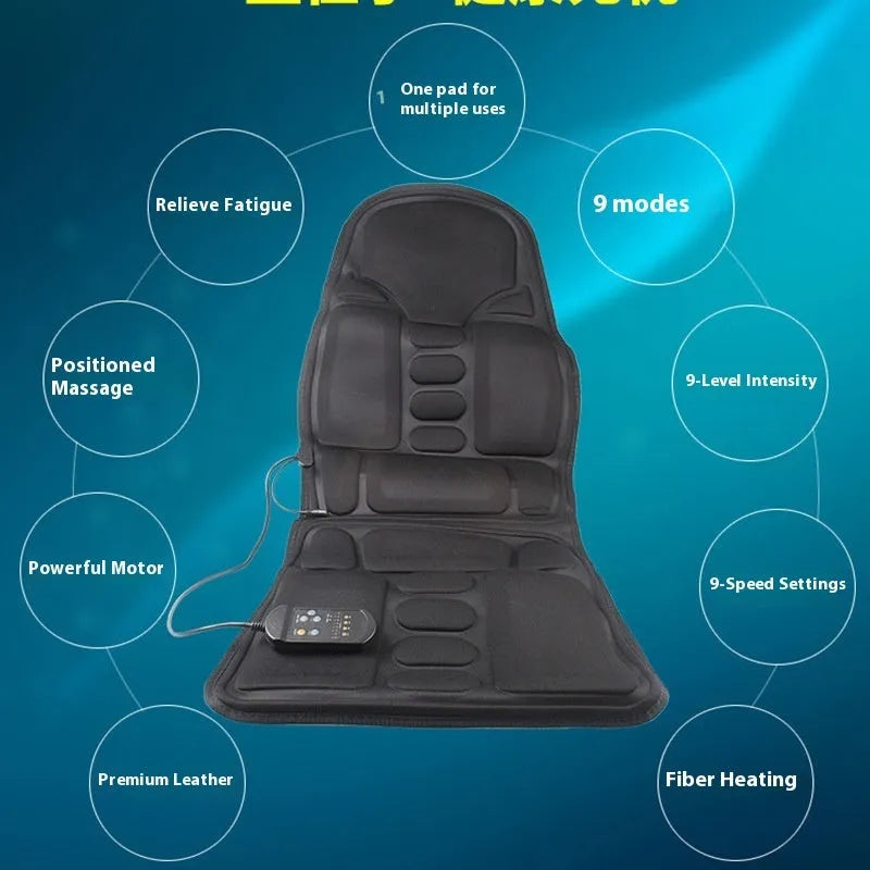 Black heating massage mat with infrared physiotherapy function and continuously variable speed control on seat cushion