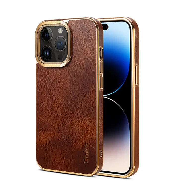 Leather phone case with vintage oil wax finish showing textured surface and precise port openings