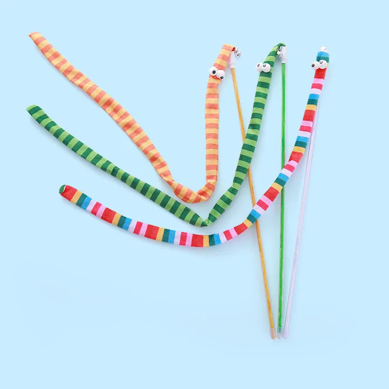 Cat wand toy with polycarbonate pole and plush strip in green, orange or rainbow colours for interactive feline play