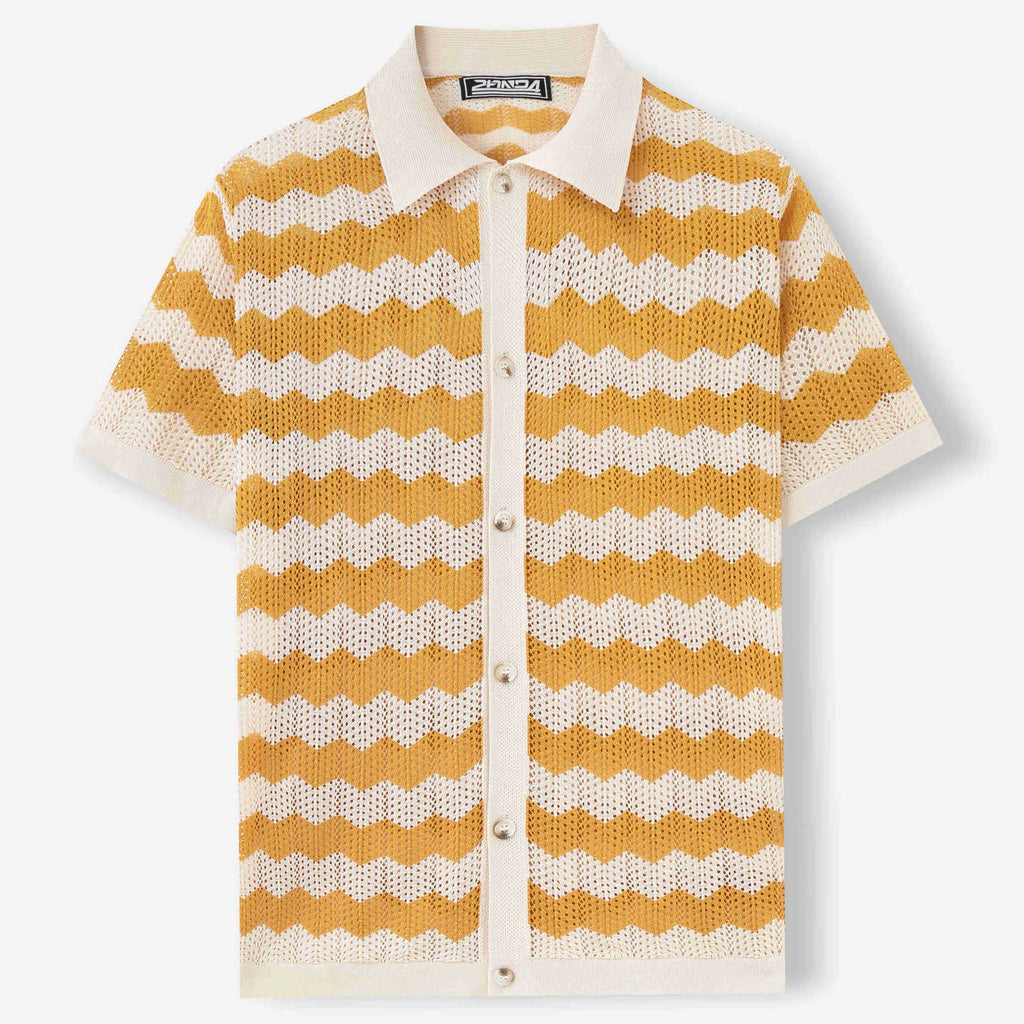American-style hollow jacquard corrugated sweater with flocking detail in blue, showing short sleeves and textured fabric