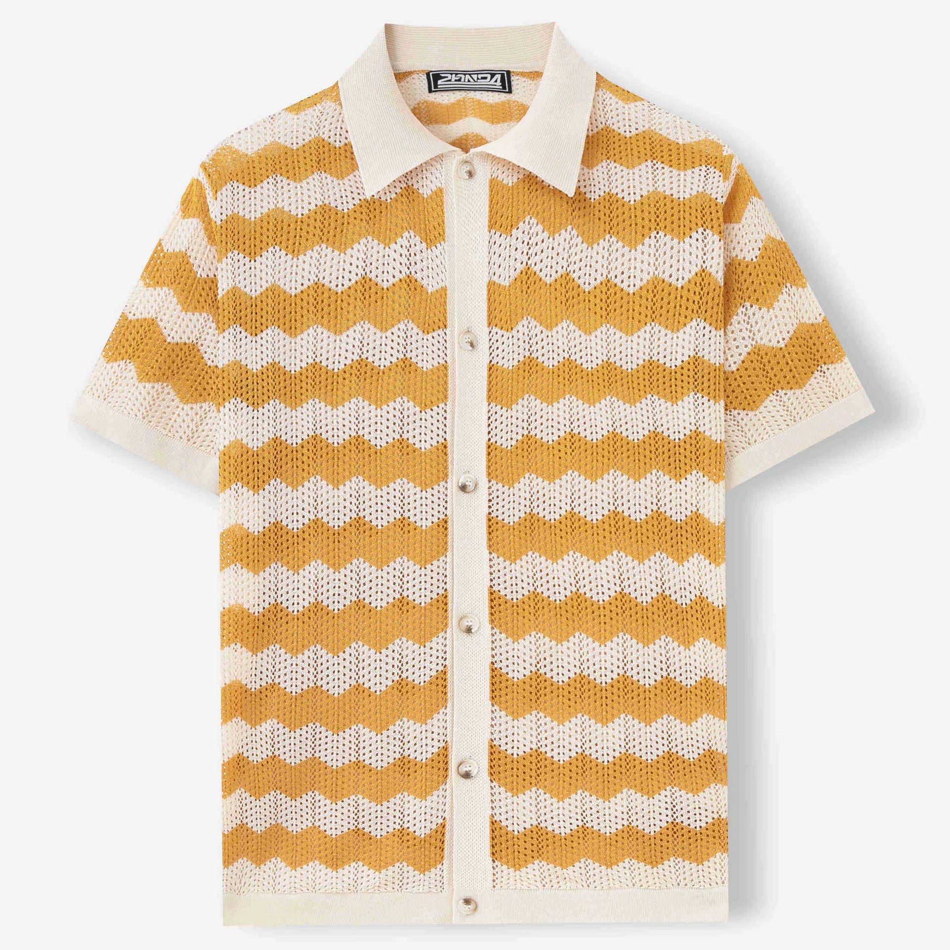 American-style hollow jacquard corrugated sweater with flocking detail in blue, showing short sleeves and textured fabric