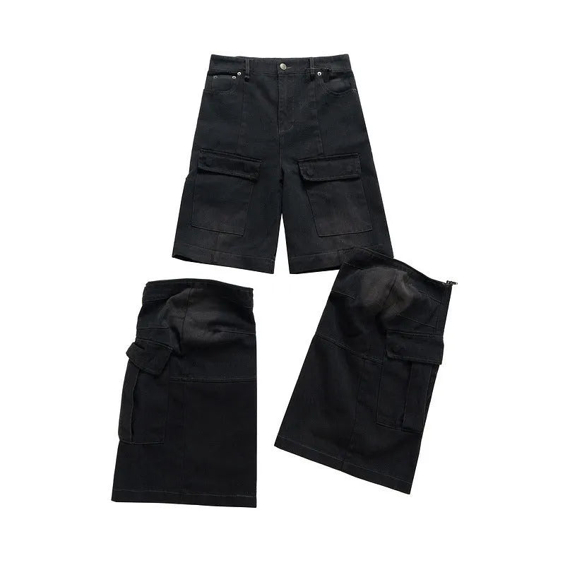 Washed-out cotton detachable overalls with multiple pockets in black or blue colours