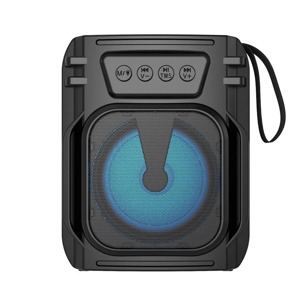 Portable Bluetooth speaker with USB charging cable, compact 110x87x137mm design for desktop and outdoor audio