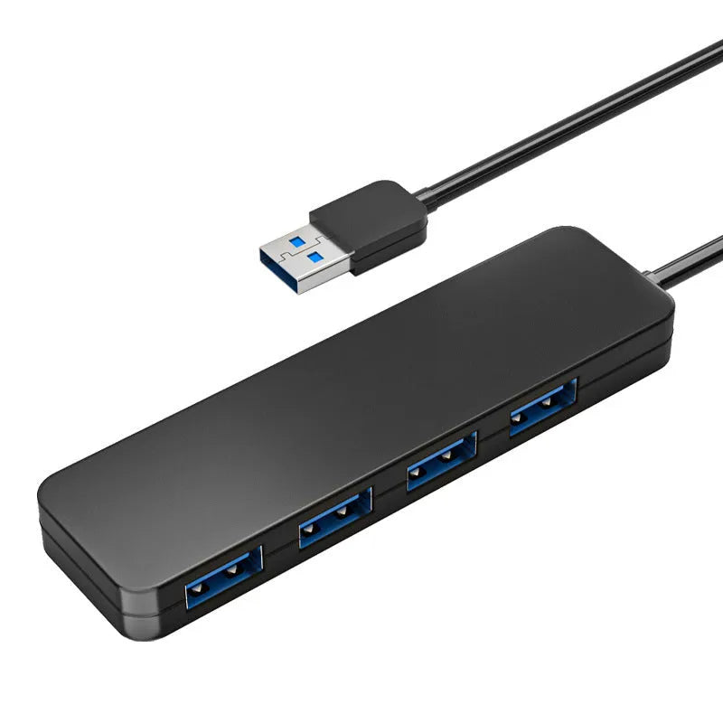 Black USB 3.0 hub with four ports, LED lights, and a 30cm connection cable