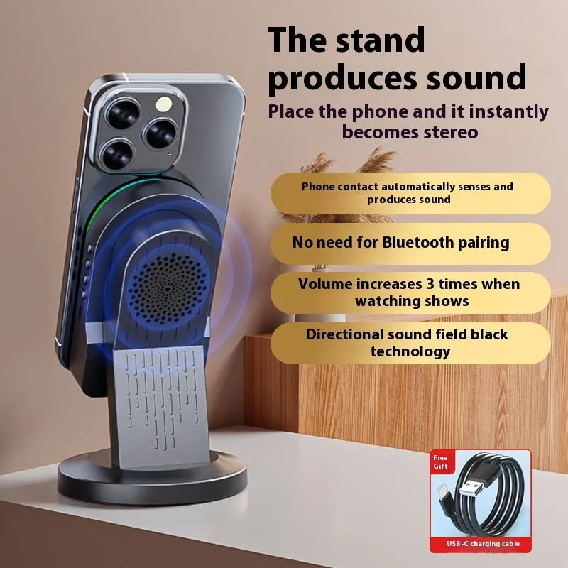 Three-in-one wireless induction speaker and Bluetooth phone bracket in black or white, common or mirror style, with built-in battery and USB cable.