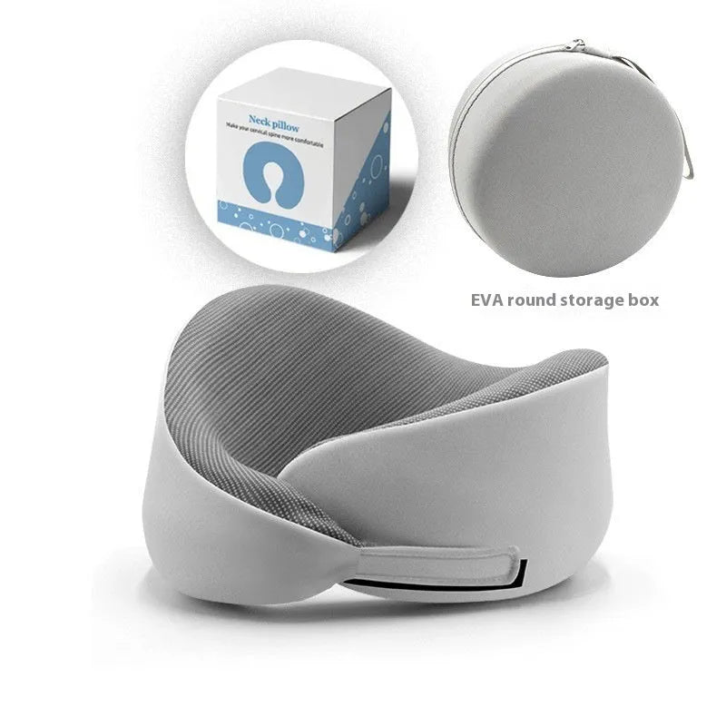 Memory foam U-shaped travel neck pillow in light grey, dark grey or light pink colour with storage packaging