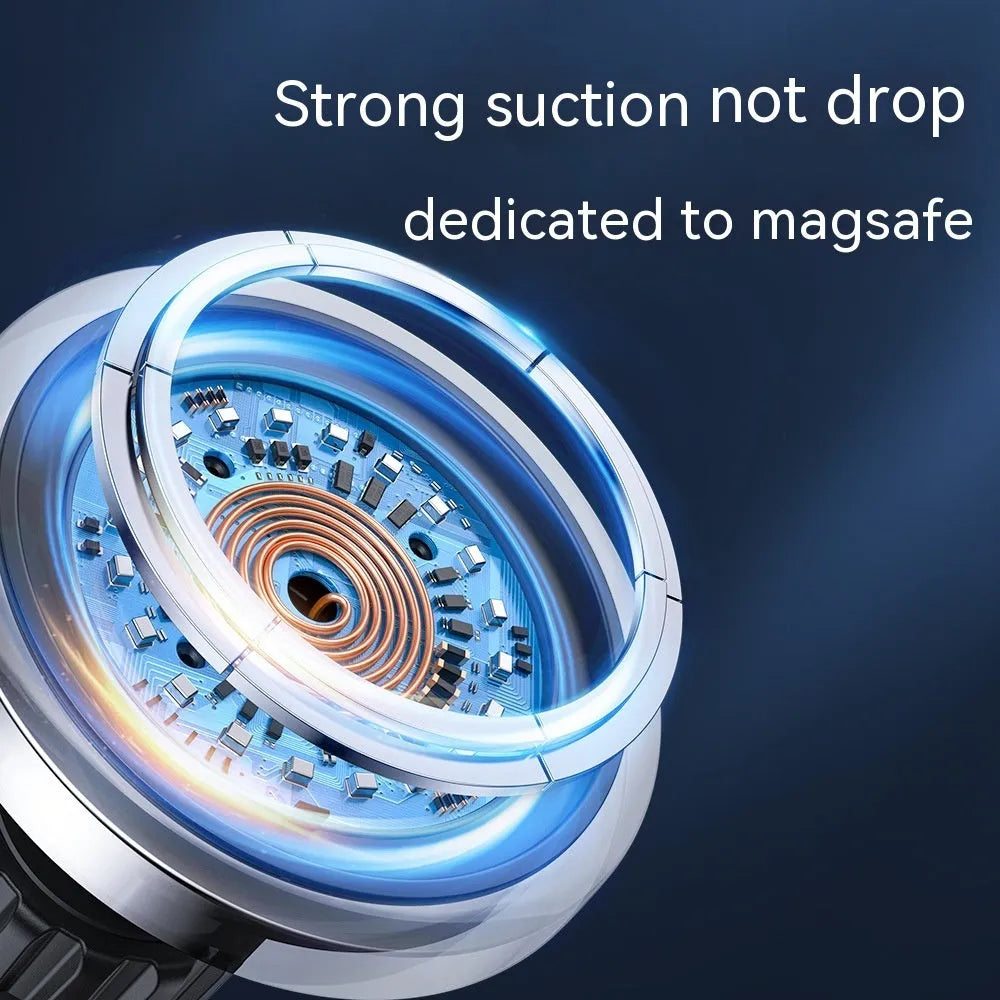 Black magnetic wireless car charger mounted on a car air vent, charging a mobile phone.