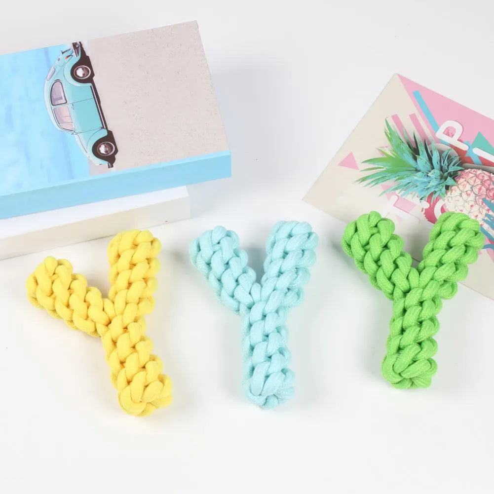 Blue Y-shaped cotton rope dog chew toy for large dogs on white background